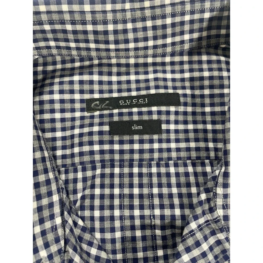 Gucci Men's Black White Plaid Button Down Shirt Slim Cotton Size 42 / 16.5 Large